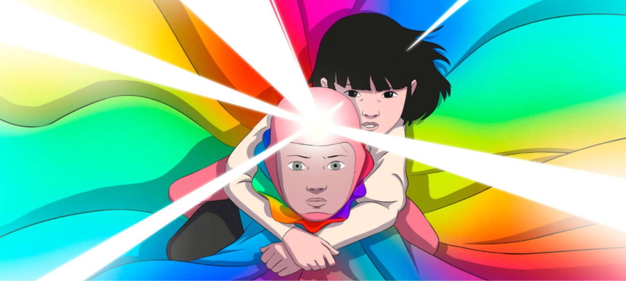 Arco, in a bright rainbow suit, flying with his friend Iris on his back.