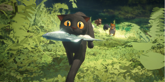An animated black cat holding a fish in its mouth in the film Flow.